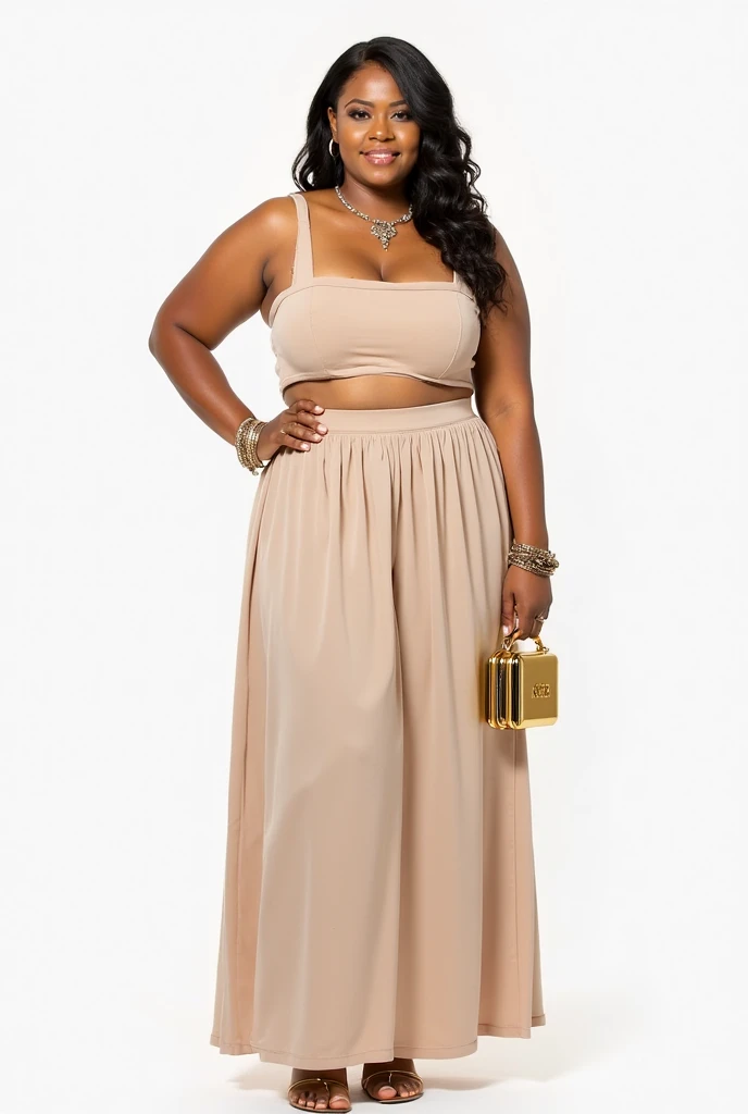 Make a picture of a black woman , long curly black hair, dark shaped eyes, chubby,wearing a beige tulle mid-length skirt with a black heart print,and black blouse, black heel shoe, black tights