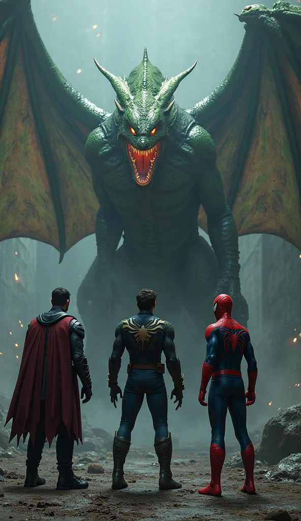 Create a group of superheroes with different costumes against a giant worm made of cans. 