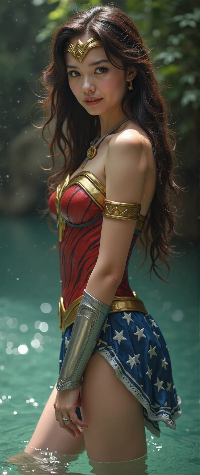 Deepika Padukone being Wonder Woman in action scene, realistic style, detailed scene, with beautiful and perfect body, perfect lighting, 8k, uhd, high quality, sharp focus, fujifilm XT3, beautiful face, beautiful body, super sexy, big breasts, full body photo, dynamic pose, curvy body, highly detailed, hyper realistic, uhd