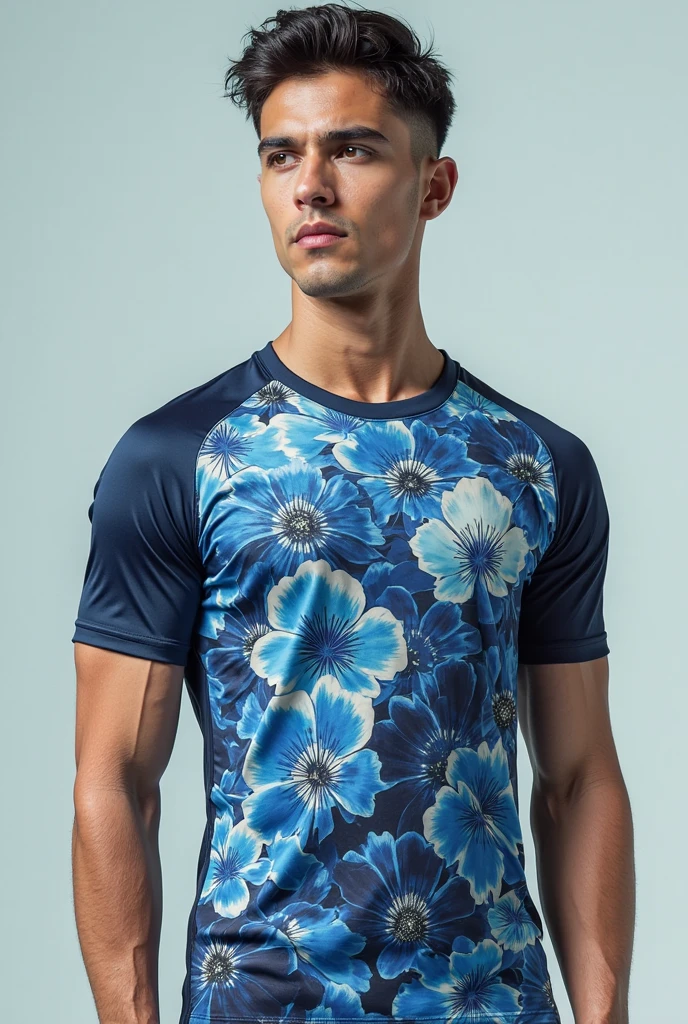 male cheerleading uniform colors: Navy blue, light blue and white shirt: short sleeve, hombros Navy blue 
pecho blanco y azul claro en los costados

pantalón: semi holgado Navy blue 