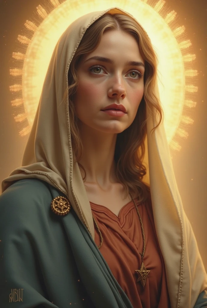 Gazing at you with moist eyes、A beautiful Virgin Mary begging, Halo, Reddish tunic, Blue cloak and veil
