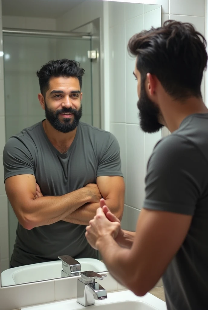 Young, muscular Bolivian man in navy blue underwear shaving in bathroom sink, in front of the mirror.