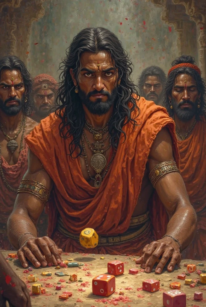 Shakuni at the Game of Dice: In a grand, opulent hall, Shakuni sits at a large, ornate table, a cold, calculating expression on his face. His twisted legs are hidden beneath the table, but his clouded eye glints with malice as he rolls the bone dice, knowing the outcome is already determined. Across from him, Yudhishthira appears distraught and defeated, his posture slumped, as he realizes the gravity of his losses—his kingdom, his brothers, his wife, and his honor. Surrounding the table, the Kauravas, including Duryodhana, lean in with greedy anticipation, completely unaware that they are mere pawns in Shakuni’s grand scheme. The dice in mid-roll, glowing with an ominous aura, symbolize the fate that has already been sealed by Shakuni’s hand. The atmosphere is tense and filled with a sense of inevitable doom, with shadows cast long across the opulent room, reflecting the darkness of the moment.sakuni wearing eye patch in comic style