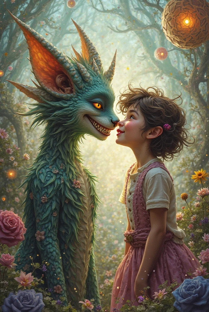 splash art, luminism, fantasy acrylic, digital painting , a close up little demonic monster gremlin creature and a cute baby girl with ginger hair making a group activity , glittering skin, cute face, big eyes, iridescent skin scales, , filigree, filigree details, ,hyperdetailed , big reflective eyes, glittering painting, , amber, big matte detailed amber flowers , fairytale, , golden glowing, rim lighting, artstation, by Peter Mohrbacher , craola, rococo painting, masterpiece, .centered composition, perfect composition, centered, vibrant colors, 3d textural painting, sculptural painting,