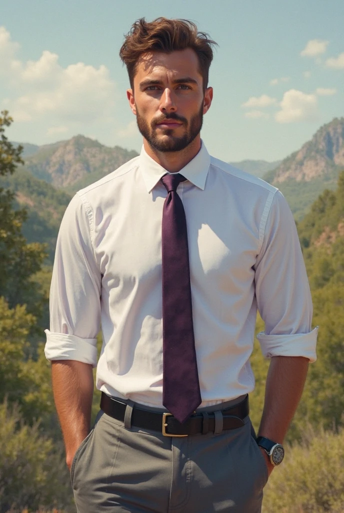 full body, 1 caucasian man, white shirt dress with red tie and black dress pants. Angry when sitting on a bench in a square
