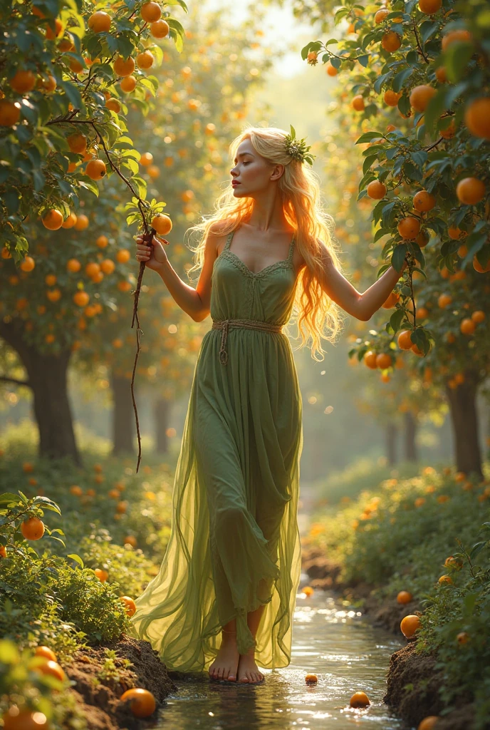 a woman in a dress standing in a field of flowers, very beautiful long slim legs, orange jumpsuit, elegant glamourous cosplay, delicate ex embellishments, in deep forest hungle, aphrodite goddess of love, extremely pale, ballet, wearing a melon, asian girl