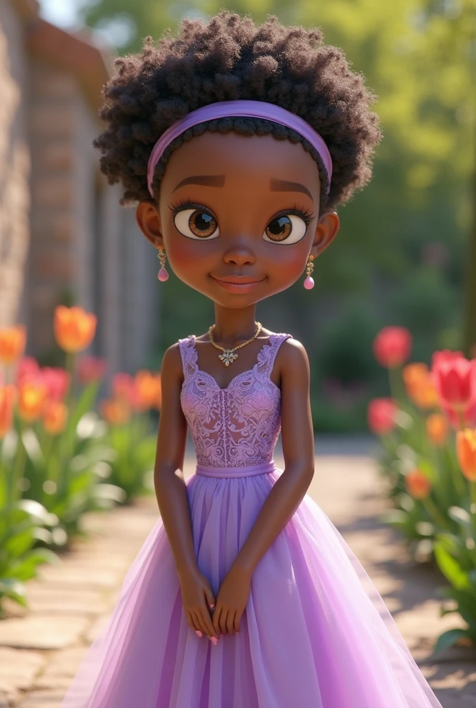 African baby Rapunzel with black curly hair, with the purple Disney pixar dress