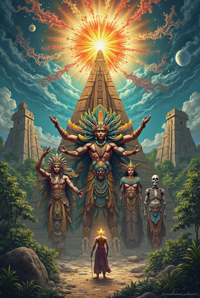 Create a 100 Mayactens bill with the Mayan gods in the center but very detailed and the bill is rectangular lying down