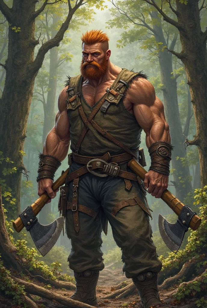 Viking 50-year-old man, redhead with beard, green eyes, bearskin Viking clothing, brown boots, leather belt, black leather pants, stocky build, muscular tattoos, Vikings, background of a forest