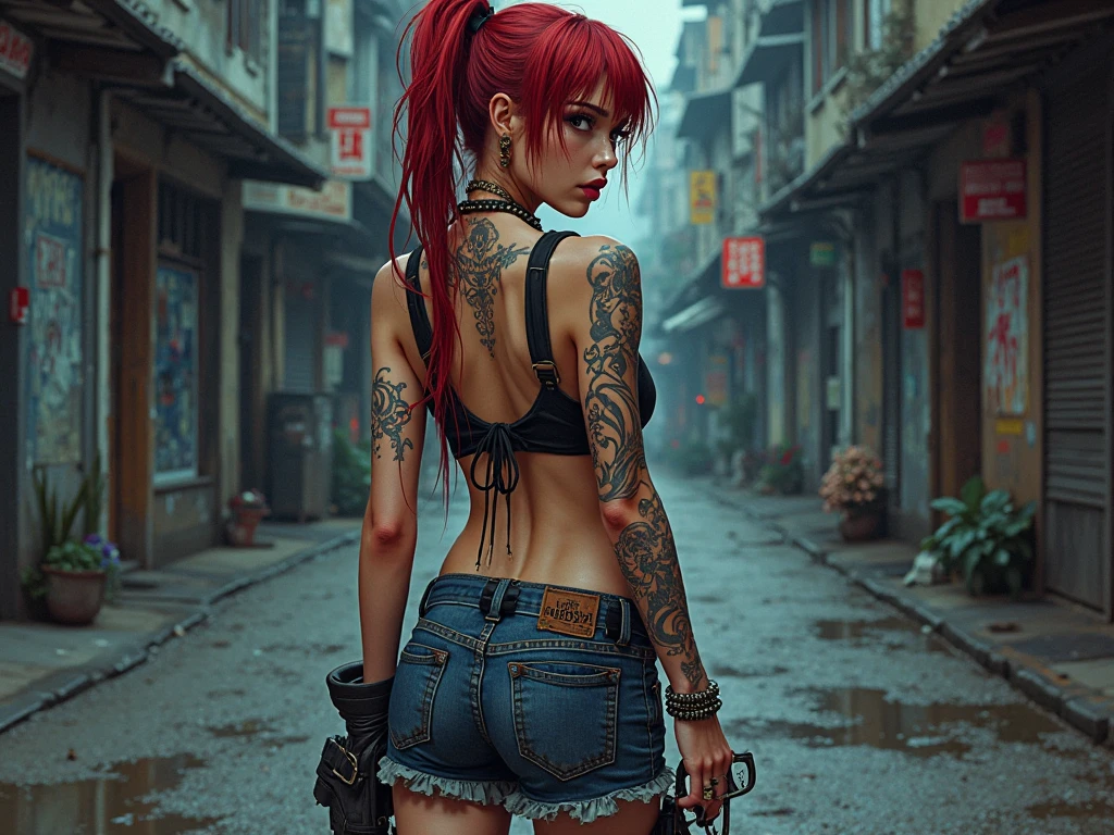 adolescent, best quality, ultra detailed, redhead, yellow eyes, erotic, rear vision, hair tied, lowered, tattoo on the back,