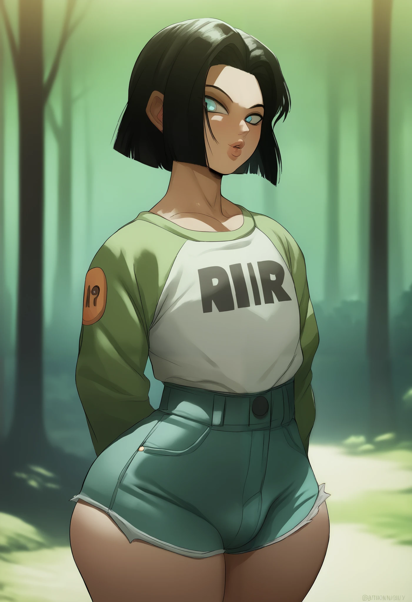 (Xrangerx:1.0),( score_9,score_8_up, android_17, femboy, 1boy, score_7_up:1.4), forest backround, feminine lips, plump, source_anime, in city, portrait, feminine body, bootyshorts, wide hips, thick thighs, big ass, looking for a viewer, extremely detailed,
