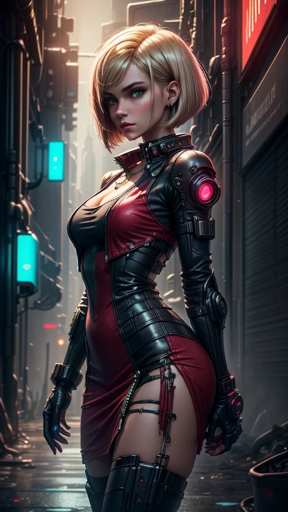 ((Best quality)), ((masterpiece)), (detailed:1.4), 3D, an image of a beautiful cyberpunk female,HDR (High Dynamic Range),Ray Tracing,NVIDIA RTX,Super-Resolution,Unreal 5,Subsurface scattering,PBR Texturing,Post-processing,Anisotropic Filtering,Depth-of-field,Maximum clarity and sharpness,Multi-layered textures,A 1 girl and Specular maps,Surface shading,Accurate simulation of light-material interaction,Perfect proportions,Octane Render,Two-tone lighting,Wide aperture,Low ISO,red balance,Rule of thirds,8K RAW, big tits(cleavage tits), red hair, black dark and red armor, glasses, red eyes, short hair, red and black color of weapon gun, serious look, black back cape