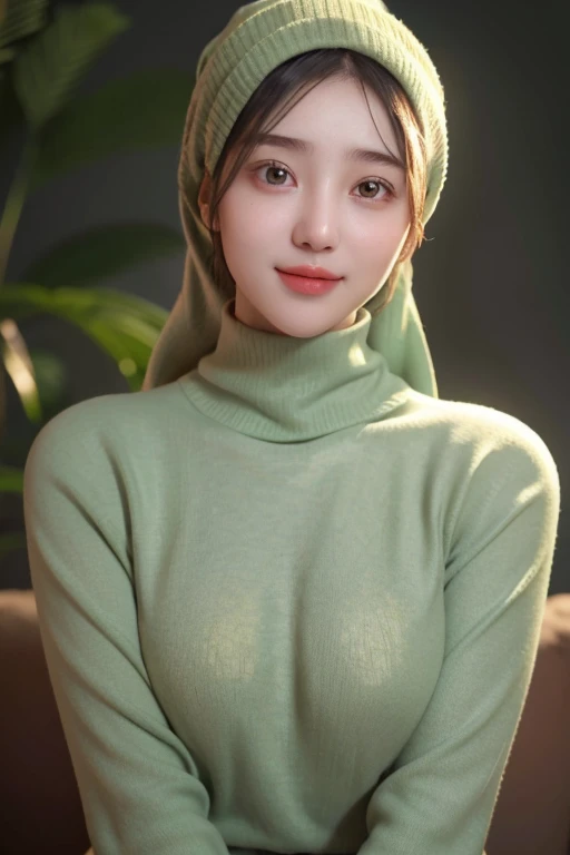 a 20 yo woman,hijab, soft green sweater, dark theme, soothing tones, muted colors, high contrast, (natural skin texture, hyperrealism, soft light, sharp), simple background, smile, natural beauty