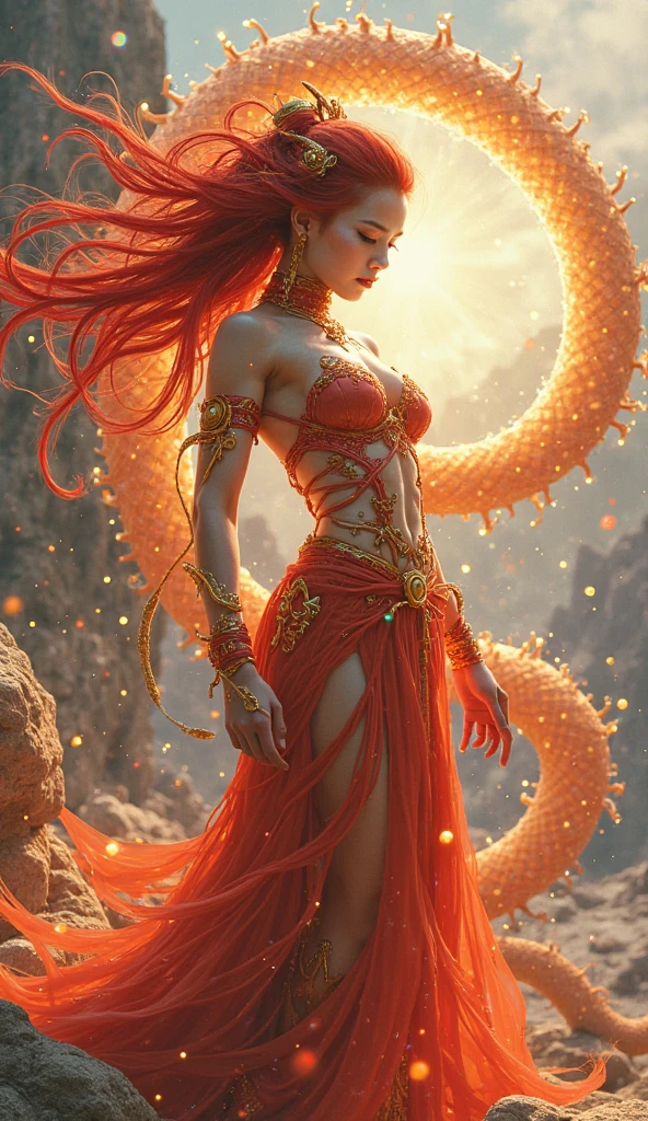 The tall and strong Queen Medusa，Perfect looks，The lower body is super long and gorgeous snake body，Snake tail，Large area scales，It had a waterfall-like strand of fiery red hair scattered on the ground。。，Extra-large big breasts，There are abs on the thin waist，Unbelievably exaggerated huge buttocks，The huge lower body snake body snaked behind him，full bodyesbian，full body shot shot