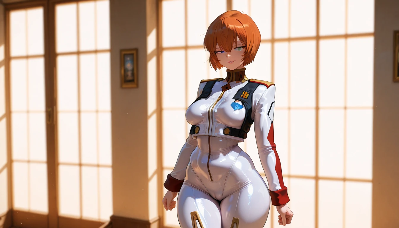 A girl has large breasts and yellow short hair and she is wearing her unzipped vault jumpsuit
