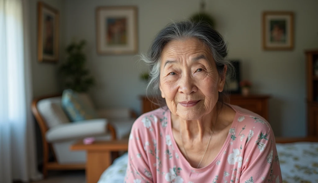 60 years old,milf, a captivating gaze,long old gray hair,Brown eyes, (A lot of wrinkles on her face:1.3), (There are many wrinkles on her chest1.4),Old Woman, Detailed wrinkles (8K, High resolution,ultra-quality, An ultra-high picture quality,Ultrarealistic,Best Quality,masuter piece:1.2)(breasts are large,Large cleavage:1.1) ,(Old Woman in Japan) ,sexy langeries,eyes visible through hair, Proper eye position,Cinematic Light,Soft light,lower back,Night time,Soft moonlight,detailed color graded background,Convoluted, ighly detailed,8K,Overall silhouette,Bedrooms,Looking down,smile,