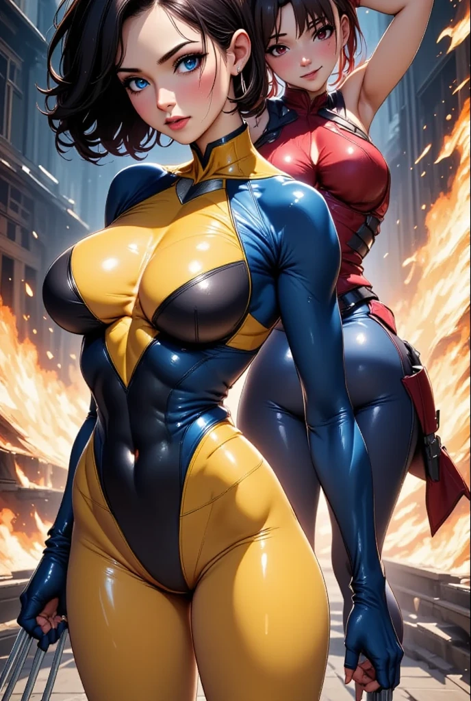 um desenho de duas mulheres em roupas verdes e amarelas, garota de anime desonesta, design de personagens de quadrinhos, fanart requintada altamente detalhada, conceito detalhado de corpo inteiro, High quality color sketch, Design de personagens de quadrinhos dos anos 90, conceito detalhado de corpo inteiro art, Design de personagens de corpo inteiro, design de personagens profissional, design de personagens de alta qualidade, arte conceitual colorida, design de personagem interessante, design de personagens altamente detalhado
