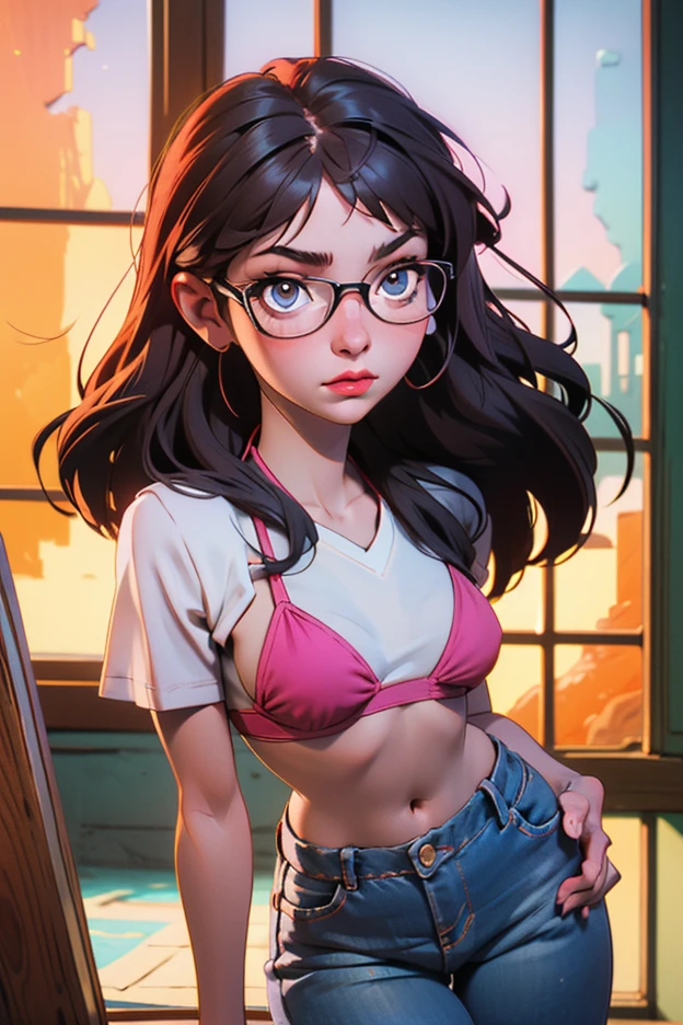 A vibrant, young nerd girl dressed in a playful combination of a tight, white tank top adorned with a quirky cartoon pattern featuring an array of brightly colored mathematical symbols and equations. Her youthful spirit is reflected in her cheeky smile and the glint of mischief in her eyes as she playfully tugs at the hem of her skimpy, cartoon-themed panties, which are a vivid contrast to the intellectual theme of her shirt. The panties are a riot of pastel colors with whimsical, animated characters frolicking across the fabric, giving a playful twist to the traditional underwear design. Her hair is a cascade of springy, multi-colored curls, tied back with a headband that matches her top. The setting is a cluttered bedroom, filled with stacks of comic books, action figures, and posters of her favorite superheroes. The lighting is soft and warm, casting a cozy glow on the scene that accentuates her radiant skin and the gentle curves of her body. The nerdy charm of her attire is complemented by a pair of thick-rimmed glasses that rest slightly askew on her nose, and she holds a video game controller in one hand, a clear indication of her gaming prowess. Her posture is relaxed yet inviting, one leg slightly bent and the other resting on a pile of pillows, drawing the viewer's gaze to the tantalizing glimpse of her toned stomach and the allure of her exposed midriff. The overall scene is a delightful blend of intelligence and sensuality, creating an appealing visual narrative that captures the essence of a modern-day, multi-faceted geek goddess.