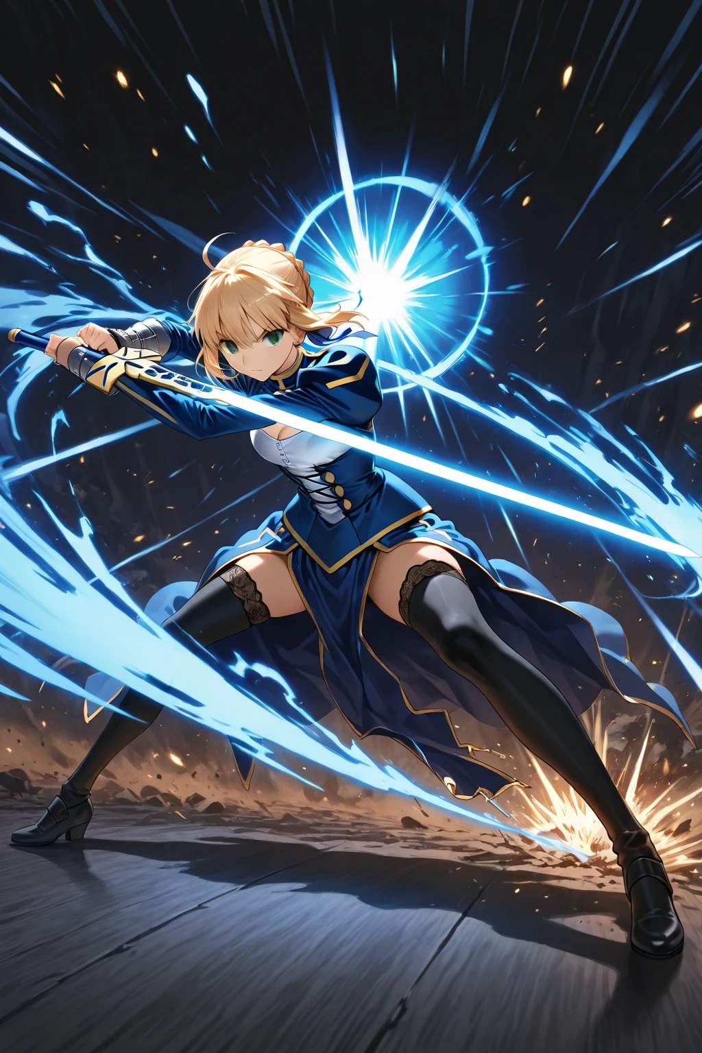 Anime Girl, Swinging Big Axe, Blue eye [Blond hair, braid] [Nordic, Brown armor decorated with fur] Blue scarf, electric current, dark
