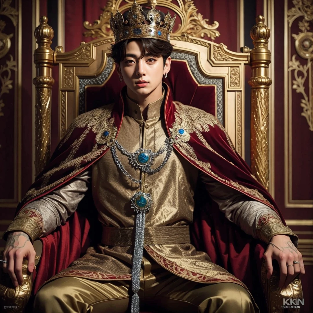 A handsome kpop king from the North Kingdom, with short blonde hair and black raven eyes, wearing his blue, black and white with silver linings royal clothes with his gold crown that has sapphire stones in the middle while sitting on his throne inside his castle.