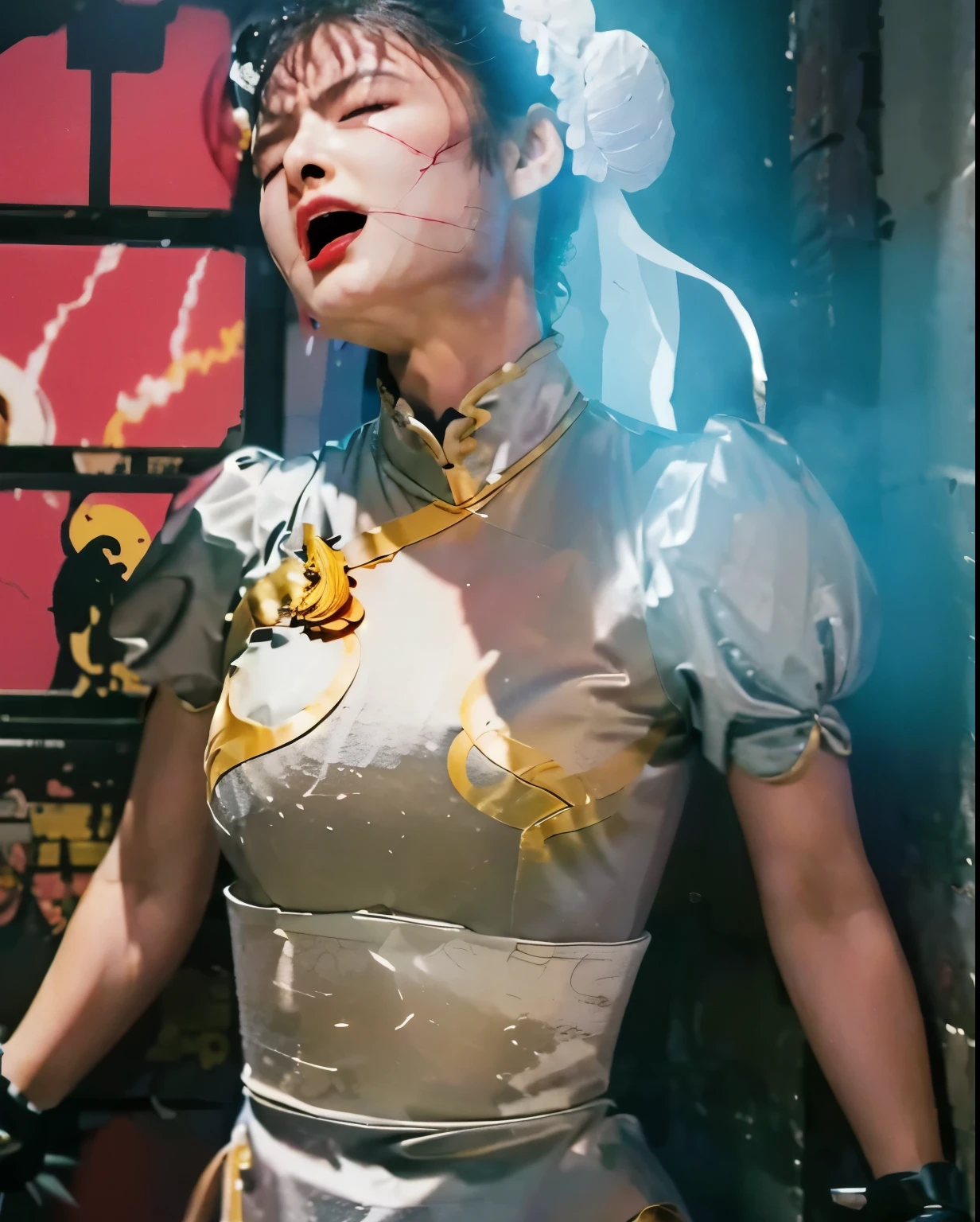 I'm suffering from being attacked , Attack hits directly、seems to be in pain, electric shock, Belted, closed eyes, high image quality while on sick leave, 立ったままelectric shockしている, HYPERREAL, Photo realistic, Photographed with Canon EOS, masterpiece, silver costume