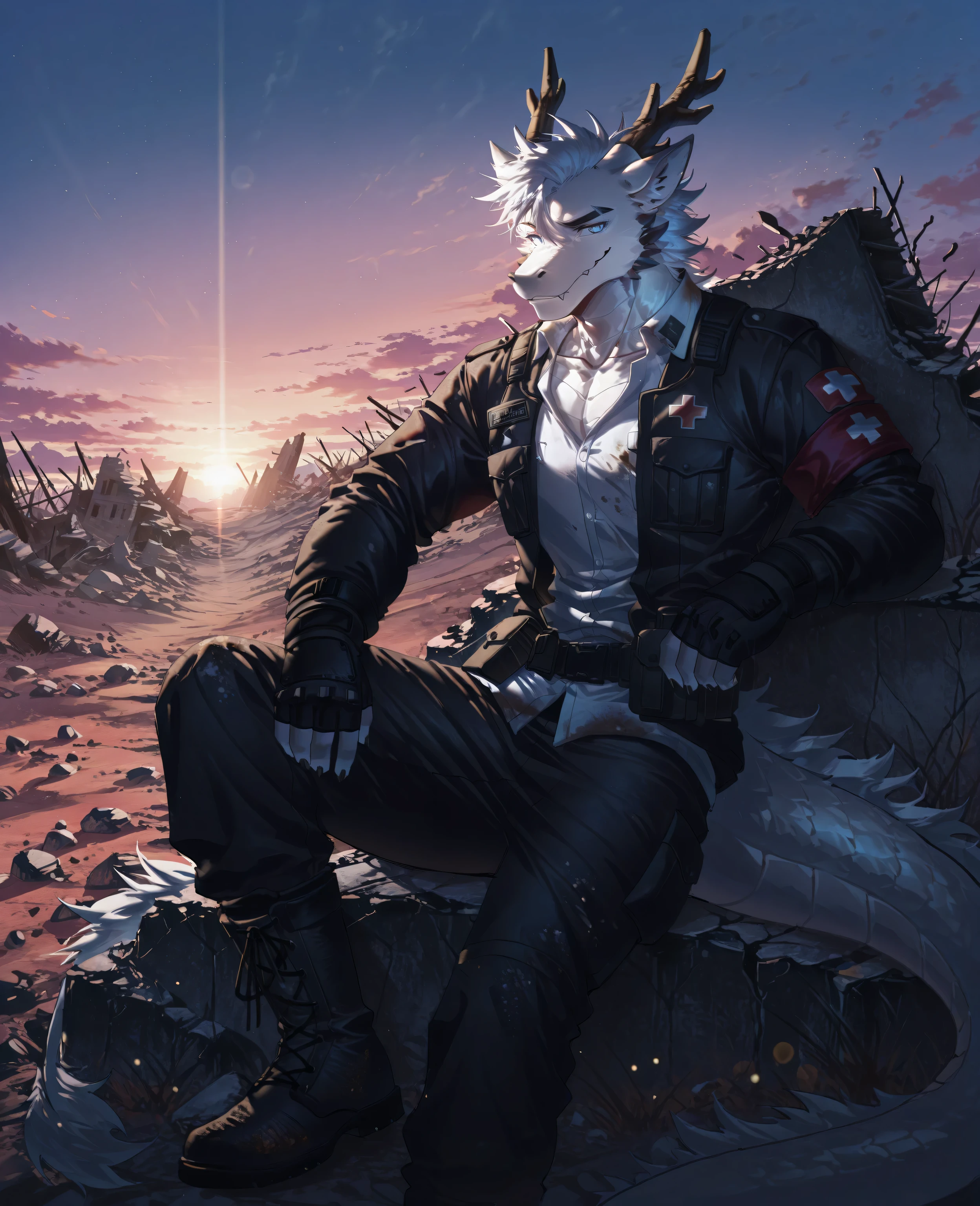 sfw,masterpiece,UHD,solo:1.2,highres,best quality,anatomically correct,furry male,male_focus,(wasteland punk),(eastern dragon),collarbone,(white scales:1.1,),black dragon horn,antler:0.6,white hair,short hair,cocked eyebrow,snout,(detailed eyes,blue eyes,detailed pupils,beautiful eyes),snout,animal ears,dragon ears,absurdres,shapely,handsome,dragon tail,cowboy_shot,(slender muscle:0.5),(Army medic uniform,black jacket,collared_white shirt,red armband,black pants,boots,fingerless gloves,dirty clothes,),(5 fingers:1.1),(skinny:0.45),(wild,ruins,broken buildings),sitting beside wall,looking far,(in ruins of factory),ray tracing,shadow,looking_away,from_side:1.3,(soft light,dusk,shadow:1.2),bokeh,detailed background,Tyndall effect,(wild background,wasteland),((beautiful detailed background)),break,(wolftapioca:0.3,chung0u0,(by zwm:0.6),(lindong:0.8),(by null-ghost:0.8),huashijw,(asteroid_ill:0.8),(smile \(qd4nsvik\):0.9),konya karasue)),cg,highres,sfw