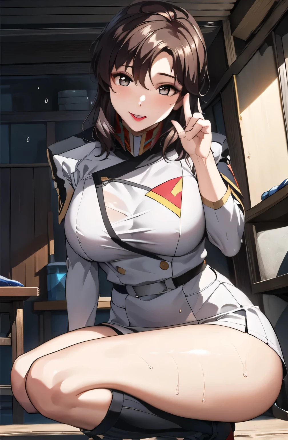 (beste-Qualit, 8K, 12), 1 girl, (megumin), brown hair, the perfect body, ultra detail face, detailed lips, (((very small boobs))), red eyes, cleavage, looking at viewer, annoyed, ((oversize tshirt)), off shoulders, no pants, laundry room, thighs, white tshirt
