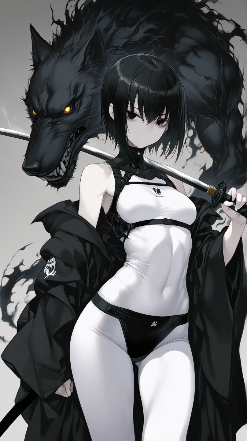 girl, standing, wolf cut, short hair, black hair, grey eyes, bikini, bust, masterpiece, good anatomy, amazing quality, 4k, messy hair