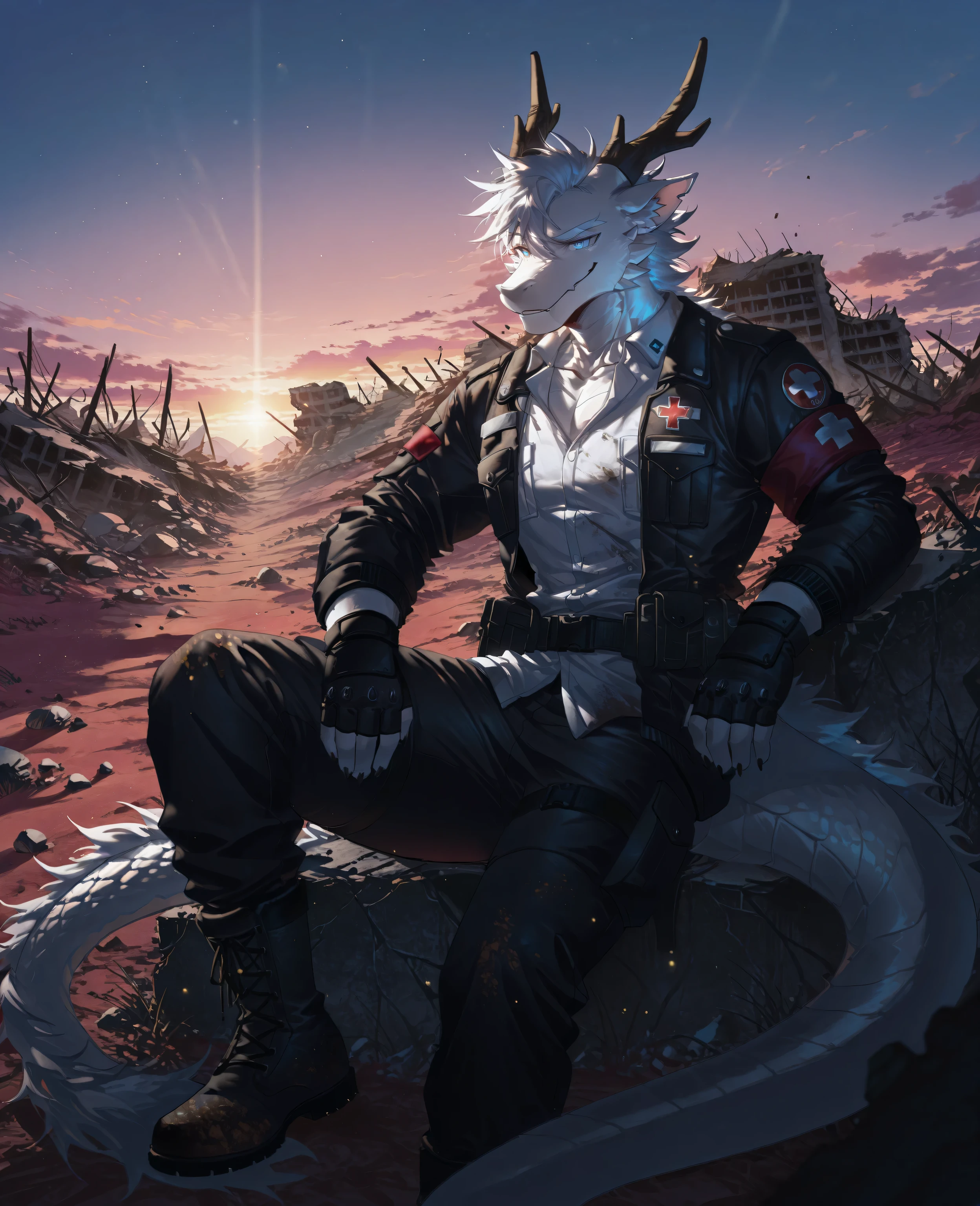 sfw,masterpiece,UHD,solo:1.2,highres,best quality,anatomically correct,furry male,male_focus,(wasteland punk),(eastern dragon),collarbone,(white scales:1.1,),black dragon horn,antler:0.6,white hair,short hair,cocked eyebrow,snout,(detailed eyes,blue eyes,detailed pupils,beautiful eyes),snout,animal ears,dragon ears,absurdres,shapely,handsome,dragon tail,cowboy_shot,(slender muscle:0.5),(Army medic uniform,black jacket,collared_white shirt,red armband,black pants,boots,fingerless gloves,dirty clothes,),(5 fingers:1.1),(skinny:0.45),(wild,ruins,broken buildings),sitting beside wall,looking far,(in ruins of factory),ray tracing,shadow,looking_away,from_side:1.3,(soft light,dusk,shadow:1.2),bokeh,detailed background,Tyndall effect,(wild background,wasteland),((beautiful detailed background)),break,(wolftapioca:0.3,chung0u0,(by zwm:0.6),(lindong:0.8),(by null-ghost:0.8),huashijw,(asteroid_ill:0.8),(smile \(qd4nsvik\):0.9),konya karasue)),cg,highres,sfw