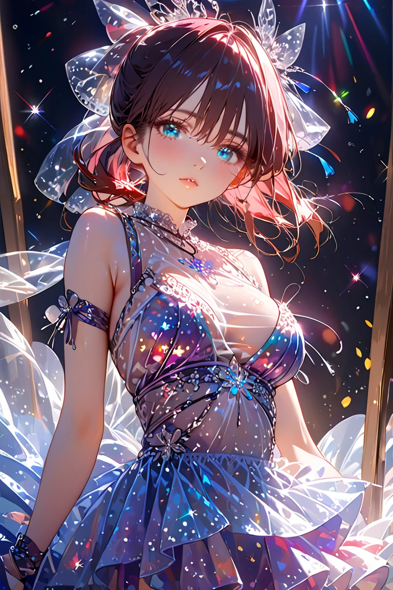 1girl,light brown color medium length hair,blue eyes,kind smile,medium breasts,bioluminescent dress,iridescent,dark background,cowboy shot,
