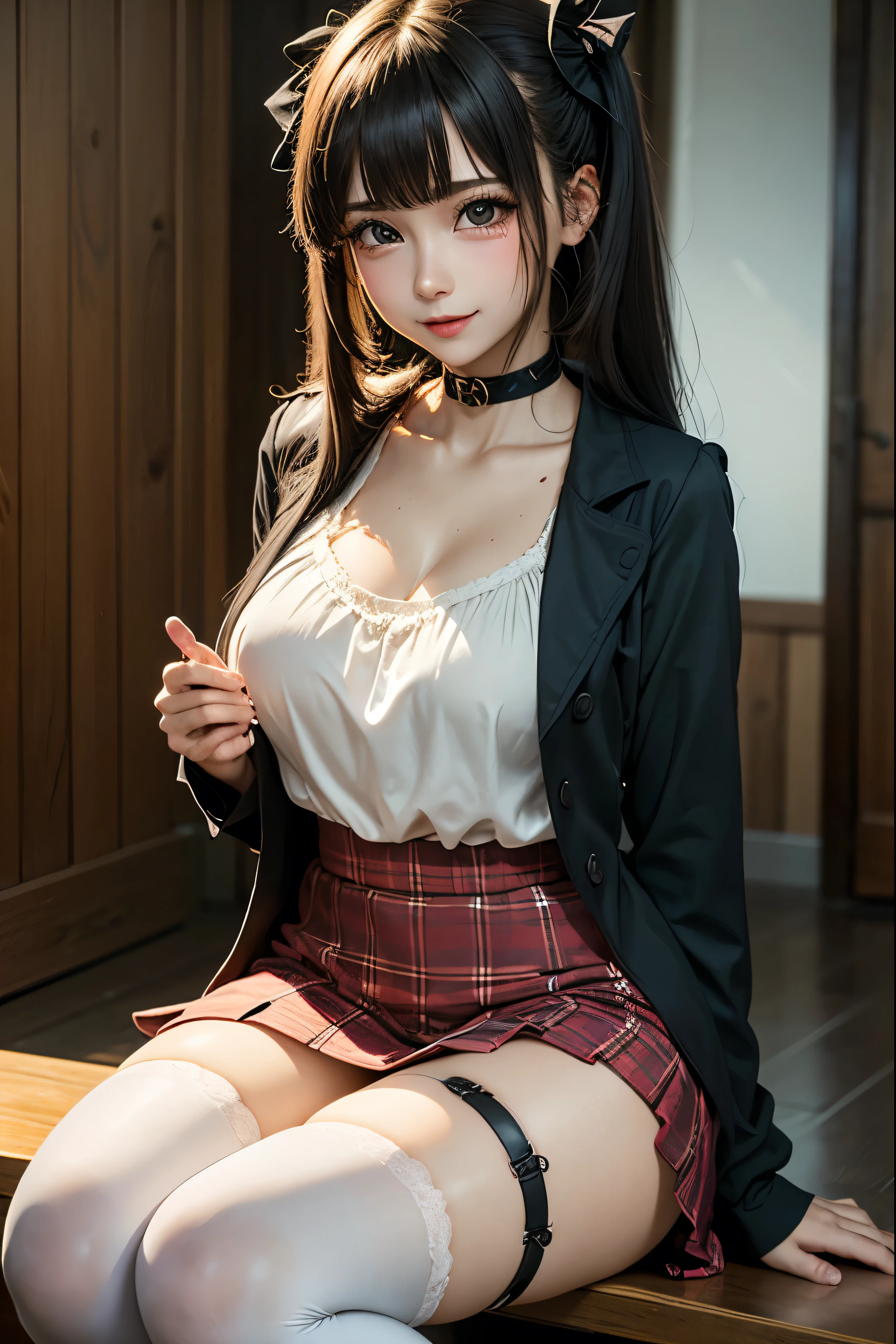 (Increase contrast)、(Increase saturation)、(27 year old super beautiful girl)、(Fair skin)Beautiful woman with perfect figure、Cute Face、long hair、Realな目、Natural Makeup、Beautiful details、(Realistic Skin)、Beautiful Skin、Charm、Ultra-high definition、超Real、Real、Very detailed、、bangs)、(white wool short coat and knee high boots、Cute Japanese Idols、Tartan、I can see the cleavage)((Very short mini skirt)) Brown Hair、Cafe、Chair、Beautiful valley、Beautiful breasts、Narrow waist、Long legs、Crossing legs、Sexy pose、panties