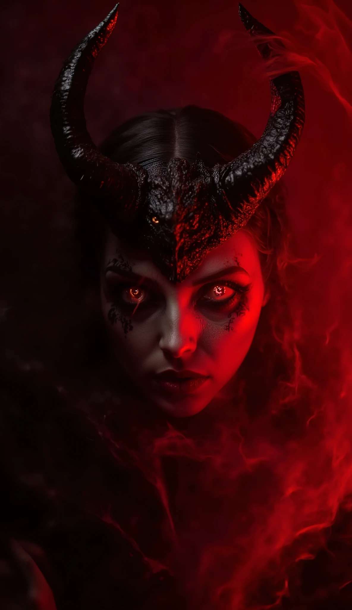 (best quality, 128k,highres,masterpiece:1.2),ultra-detailed,(realistic,photorealistic,photo-realistic:1.37), ((masterpiece)) ((photography)) ((Highest quality)) Ultra-realistic horror scene, Portrait of a Djenn woman hybrid, merging with a viper. The upper half of her face is reptilian, covered in dark, glossy scales with sinuous patterns resembling a royal serpent. Her slit-pupiled eyes glow with a piercing, hypnotic intensity, while two sharp, curved horns emerge from her forehead, arching backward like those of an ancient demon. The human side of her face retains an enchanting beauty, with smooth skin contrasted by mystical tattoos. Dramatic red lighting bathes the scene, casting menacing shadows that enhance her supernatural aura. A misty background, filled with swirling darkness, reinforces the infernal atmosphere.