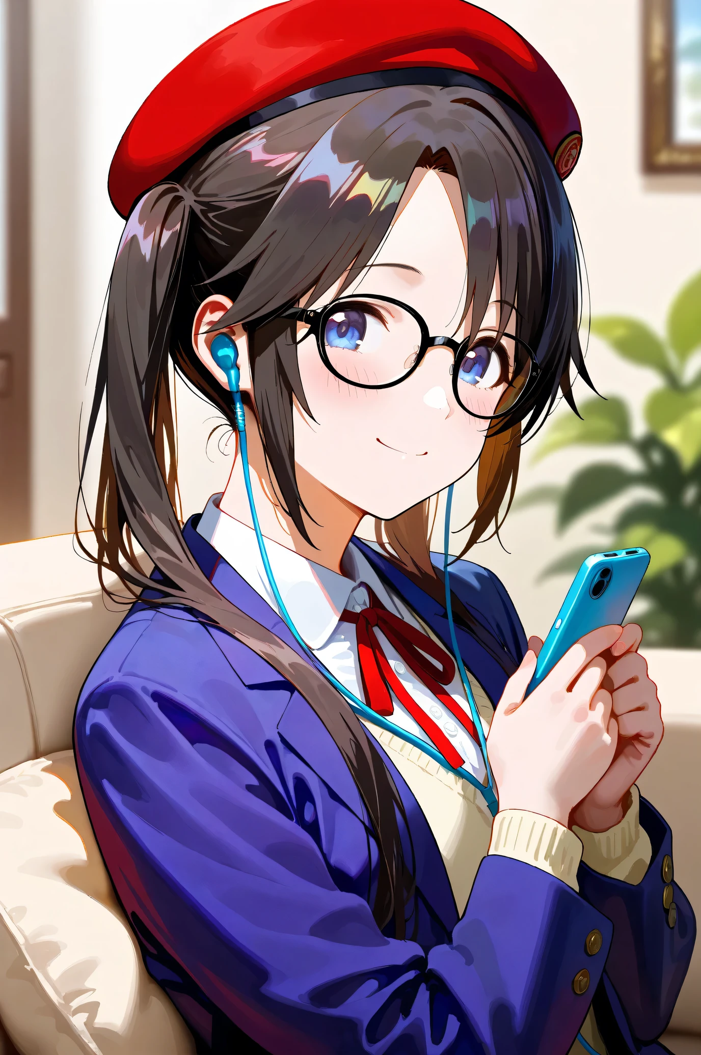 (Masterpiece), (Highest quality), (Very detailed),
(The best shape), (Best shadow), (Absurd),
(Detailed Background), (So beautiful), Shiny,
Beautiful eyes in every detail, Extraordinary, Countershading, 8k, 32K, High resolution,
Very Detailed CG, UHD,
Score_9, Score_8_up, Score_7_up, Source_anime,
(Pastel painting:1.2), (Watercolor painting:1.2),
(Masterpiece, Detailed:1.2), (Foreshortening:1.2),
Cinematic, Dramatic, (Depth of field:1.4),
(Blurry background:1.4), (Realistic background:1.4),
dynamic angle, from side,
1 girl, Solo,
lndoor, Living room, Sofa, Light brown sofa, Cushion,
Mitsumine Yuika,
the idolmaster shiny colors,
yuikamitsumine, 1girl, solo, black hair, long hair, twintails, High twintails, blue eyes,
Casual wear,
Beret, Red beret, Glasses, Black framed glasses,
Blazer, Open blazer, Long sleeves blazer, (Indigo blazer:1.2),
Cardigan, Red ribbon,
(Blush:1.3),
Upper body, Portrait,
Happy, Smile,
(Earphones:1.2), holding a music player,
Sitting on the sofa,
Focus on face,
Realistic skin,
Shiny skin,