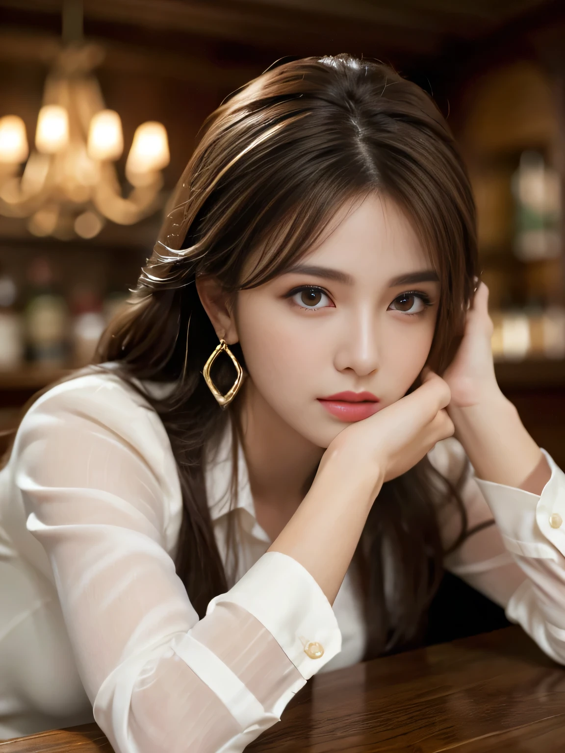 masterpiece, Highest quality, Realistic, Very detailed, Finer details, High resolution, 8k wallpaper, One beautiful woman, Wear an elegant see-through shirt, In a great restaurant, At night, Light brown messy hair, Perfect dynamic composition, Beautiful and beautiful eyes、Big earrings、Sit on a chair、