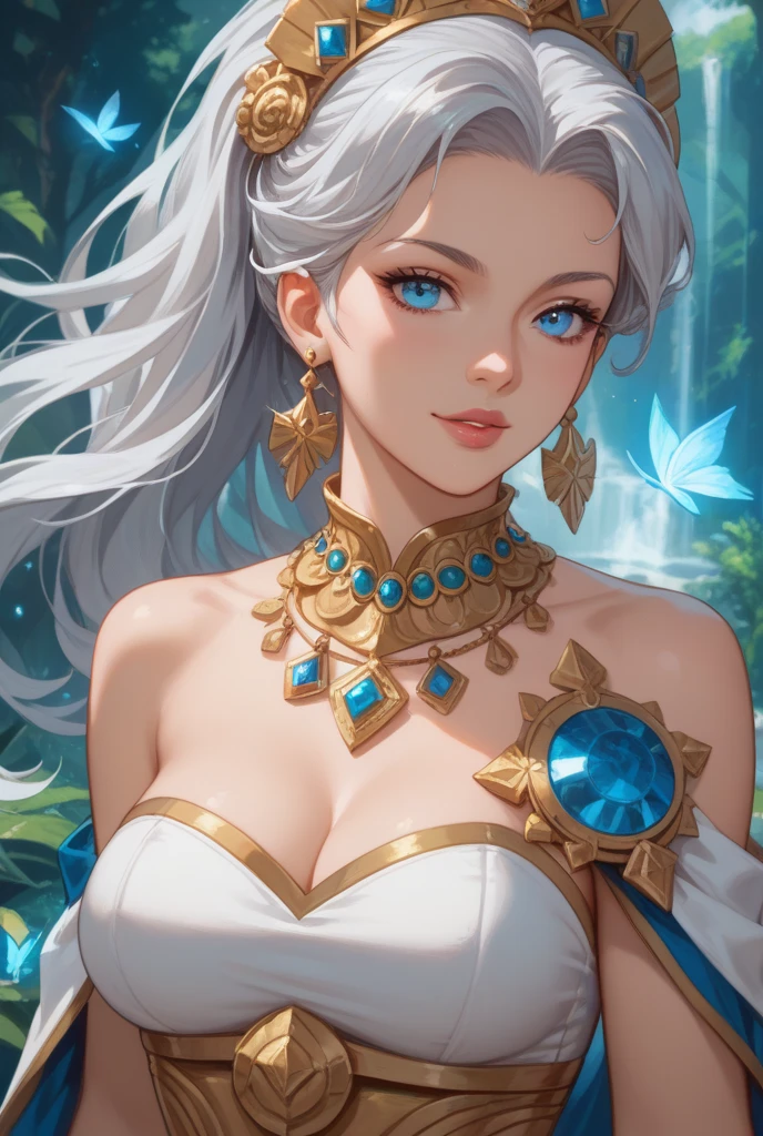 a close up of a strong amazon woman in her 30's, with blue eyes and white hair, wearing a blue and white belly dancer attire, a heroine with blue eyes, female swordswoman with ice power, middle-eastern princess, standing in a chinese temple, new costume concept design, in the style of blade and soul, full body character concept, detailed character design, inspired by Yang Jin, inspired by Li Mei-Shu, chinese costume, inspired by Lan Ying, inspired by Sim Sa-Jeong, inspired by Li Tang, lunar themed attire, costume with blue accents, inspired by Ju Lian, colored concept art, highly detailed character design, highly detailed face, inspired by Ai Xuan, very highly detailed face, unreal engine render, final fantasy 14 style, inspired by Leng Mei