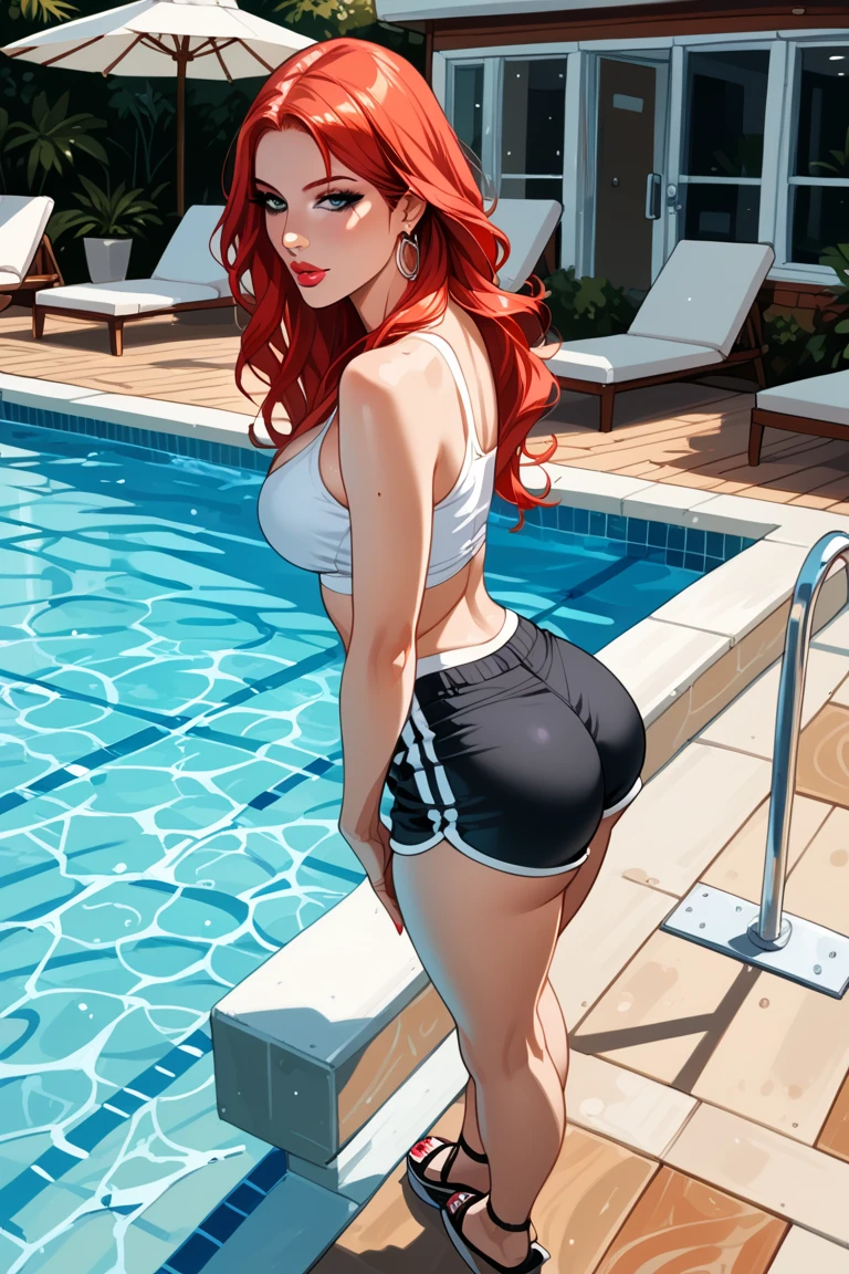 Woman, white skin, red hair, curly hair, long hair, freckled face, freckled body, athletic body, white swimsuit, red lines swimsuit, green eyes, low-cut swimsuit, wet swimsuit, transparent swimsuit, visible nipples, swimming pool, reflective swimsuit, low back, serious look, look at the camera, red lips, heroic pose, big breasts, marked nipples, athletic legs, athletic buttocks, shot from behind.