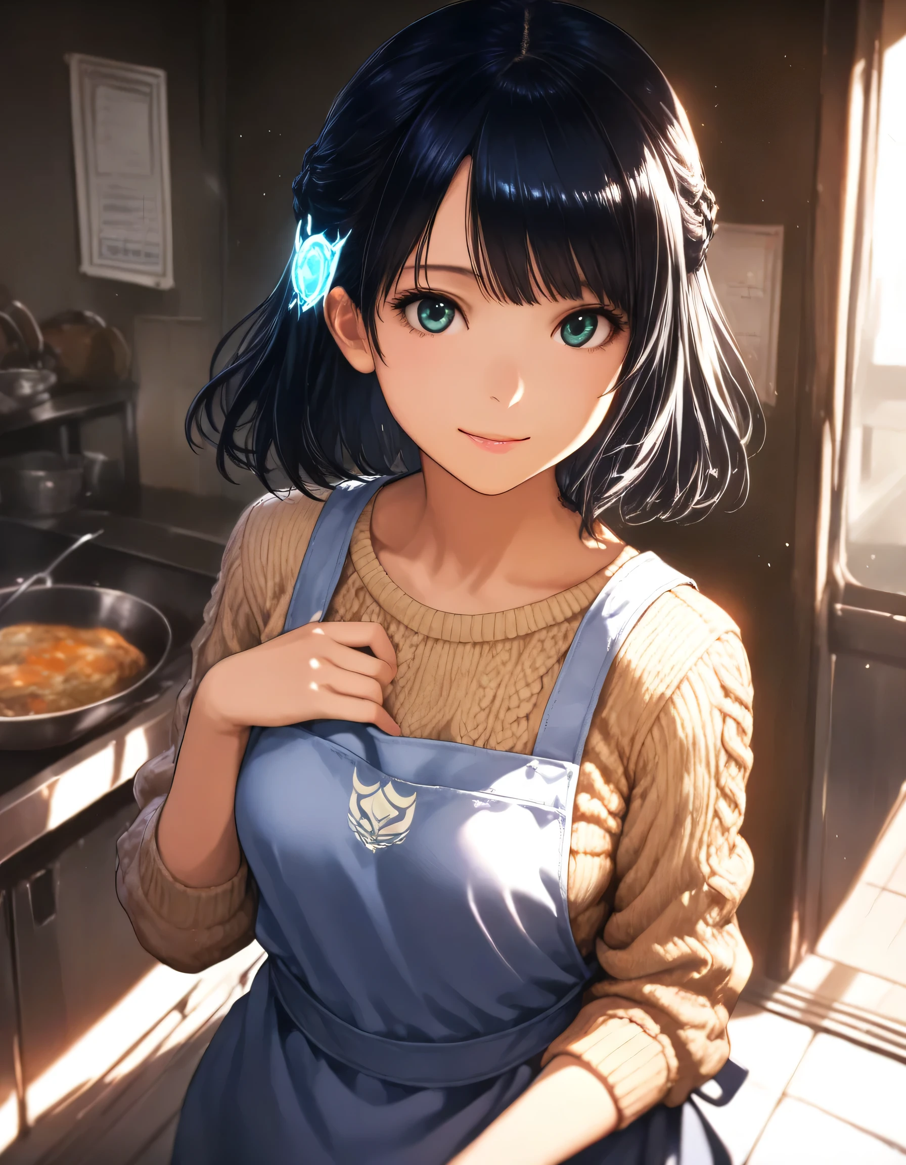 (dynamic angle:1.2, breast focus:1.0, from below:1.2), (seductive smiling:1.3),masterpiece, 1girl, (pointed chest:1.3), cleavage:1.1,(double breasted:1.2,under bust:1.2), Amazing Cleavage:1.3, thin waist, big ass, Raised sexy, small breast: 1.2 posed cleavage:1.2、solo, looking at viewer, open mouth, have a grass of beergrass,black hair, blue eyes, bare shoulders, jewelry, collarbone, sidelocks, hairband, earrings, indoors, red off shoulder sweater dress, arms behind back, short hair with long locks, blue white hairband, big side hair, very long side hair is rendered in (masterpiece: 1.2, best quality), with (ultra high resolution) and an exquisite (depth of field). This masterpiece is not only visually stunning but also tells,A scene of cooking in the kitchen