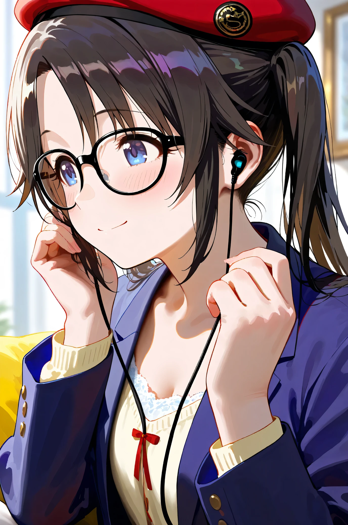 (Masterpiece), (Highest quality), (Very detailed),
(The best shape), (Best shadow), (Absurd),
(Detailed Background), (So beautiful), Shiny,
Beautiful eyes in every detail, Extraordinary, Countershading, 8k, 32K, High resolution,
Very Detailed CG, UHD,
Score_9, Score_8_up, Score_7_up, Source_anime,
(Pastel painting:1.2), (Watercolor painting:1.2),
(Masterpiece, Detailed:1.2), (Foreshortening:1.2),
Cinematic, Dramatic, (Depth of field:1.4),
(Blurry background:1.4), (Realistic background:1.4),
dynamic angle, from side,
1 girl, Solo,
lndoor, Living room, Sofa, Light brown sofa, Cushion,
Mitsumine Yuika,
the idolmaster shiny colors,
yuikamitsumine, 1girl, solo, black hair, long hair, twintails, High twintails, blue eyes,
Casual wear,
Beret, Red beret, Glasses, Black framed glasses,
Blazer, Open blazer, Long sleeves blazer, (Indigo blazer:1.2),
Cardigan, Red ribbon,
(Blush:1.3),
Upper body, Portrait,
Happy, Smile,
(Earphones:1.2), holding a music player,
Sitting on the sofa,
Focus on face,
Realistic skin,
Shiny skin,