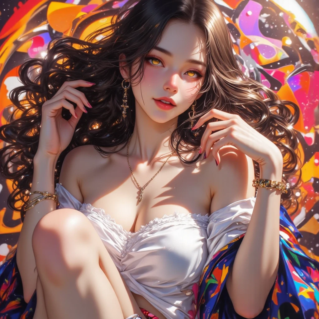 The girl with long hair lying in the cream and holding a balloon in one hand