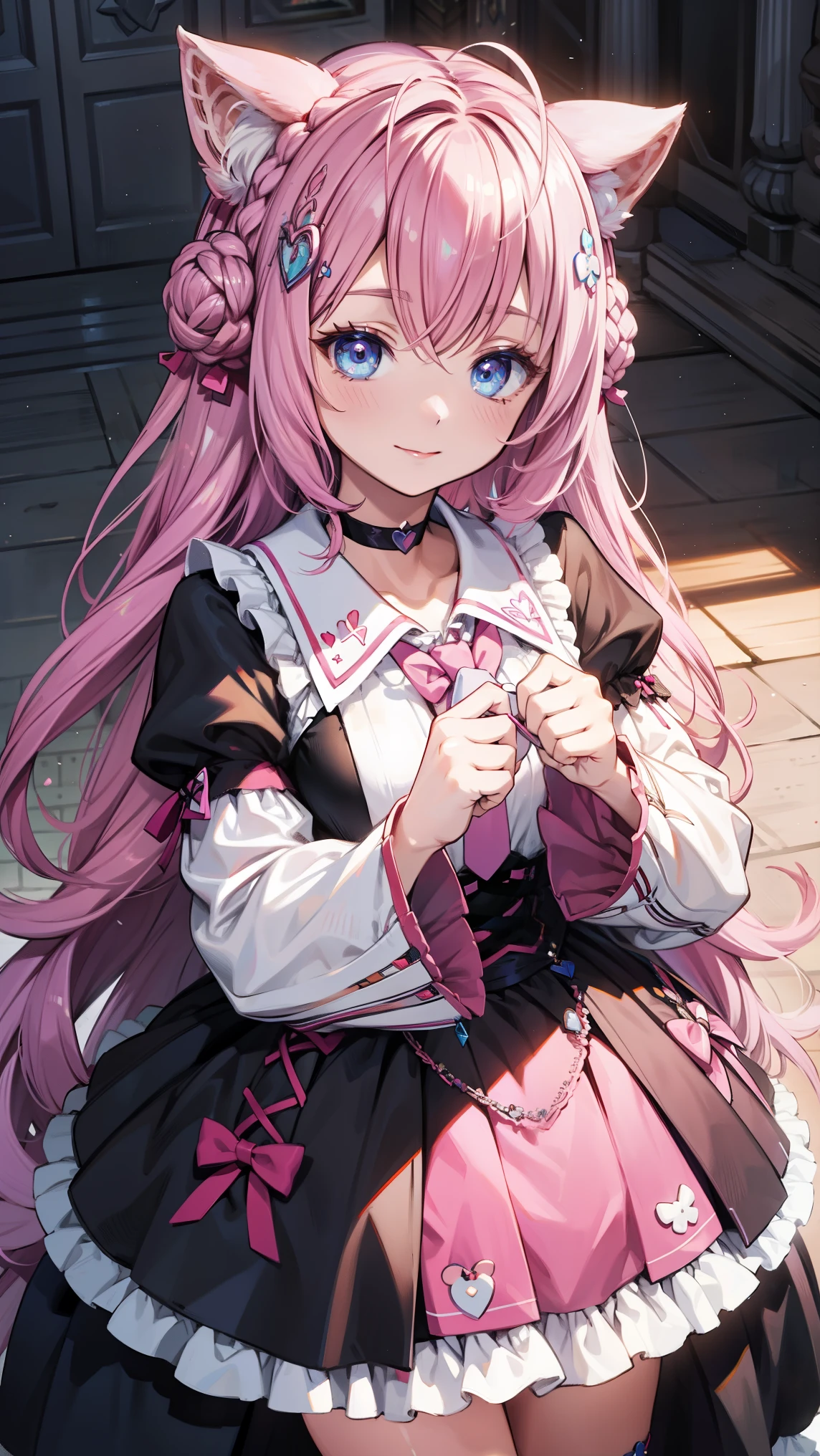 Cute magical girl , ( double bomb , Brant Bang, pink straight hair ), Smile, compensate, blue eyes, Large percentage , white gothic bear top dress , choker, Very long sleeves,Wide sleeves,The background is a dark hallway,, (Ultra-precise, Absolute determination, best quality:1.3), 2.5D, Delicate and Dynamic, Art photos, super realistic , graphic CG digital cartoon style art