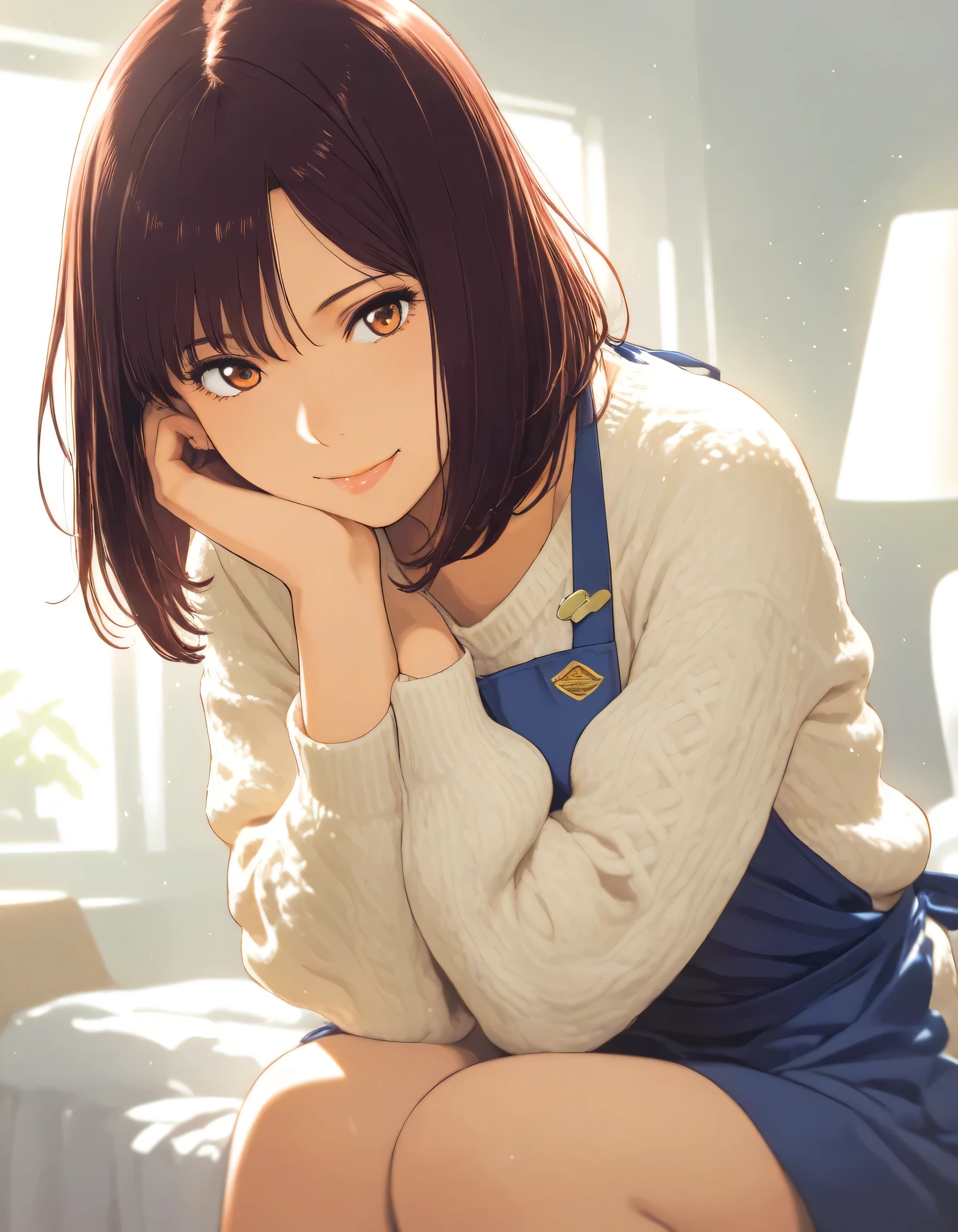 1girl, sato rika, gundam, year 2016, knitted sweater, apron, masterpiece, high score, great score, absurdres, 16k, super detail