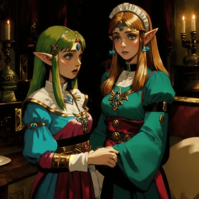 a beautiful blonde woman with elf ears and freckles with braids, a beautiful jeweled necklace, realistic portrait, detailed face, detailed eyes, detailed lips, detailed and sensual body, large breasts ((with cleavage)), hourglass waist, super detailed , highly detailed, photorealistic, 8k, intricate details, cinematic lighting, dramatic lighting, warm color tones, fantasy character, magical, ethereal
