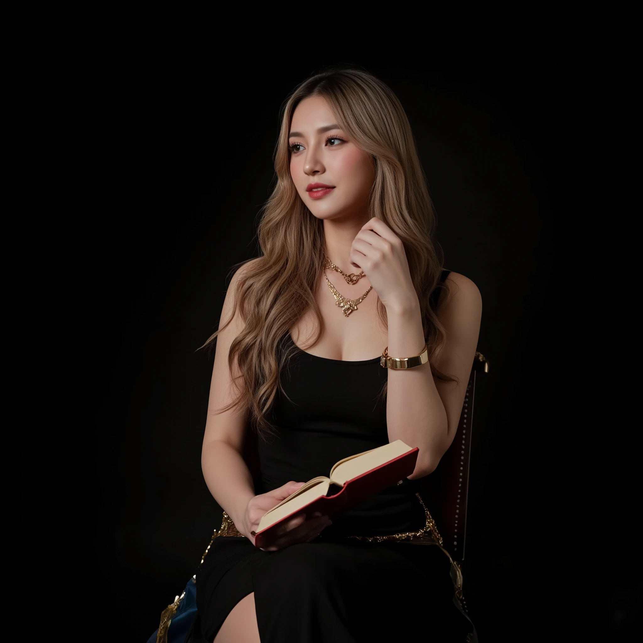 in the style of pharaohs and ancient egypt: full shot, realistic photography photo of a pharaoh woman with long, wavy blond hair and flawless skin, makeup, red lipstick, small smile, slender body, ultra detailed face, looking at viewer, blush, depth of field, highly detailed, solid black background, looking at the camera
a beautiful pharaoh woman with an intense, distant gaze, lost in thought. She sits in an elegant yet ancient pharaohs setting, wearing a sophisticated but subtly pharaoh outfit. The lighting is soft but dramatic, casting a glow on her face while the background remains in deep shadows to enhance the mysterious, detached emotion. Her posture is relaxed but tells a story, she’s holding a book she’s not looking at, subtly playing with her necklace, or gazing away with a wistful expression, as if someone else is on her mind. The scene should evoke curiosity and tension, making viewers instantly wonder what’s on her mind