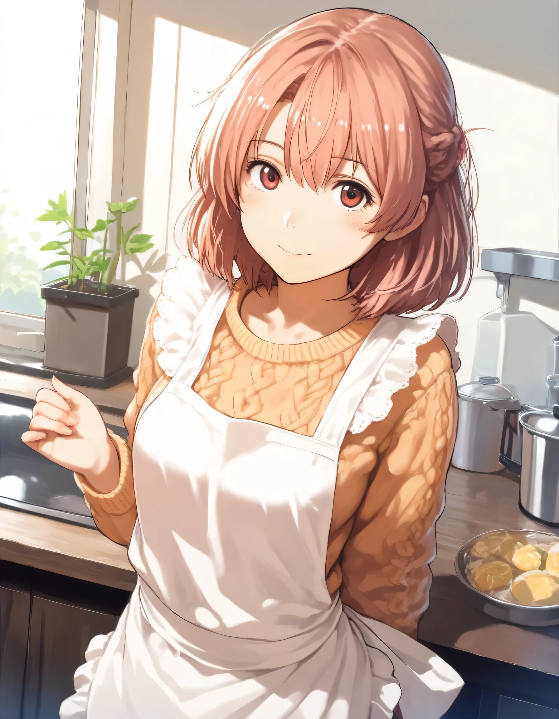 1girl, yoda yuki, gundam, year 2016, knitted sweater, apron, masterpiece, high score, great score, absurdres, 16k, super detail