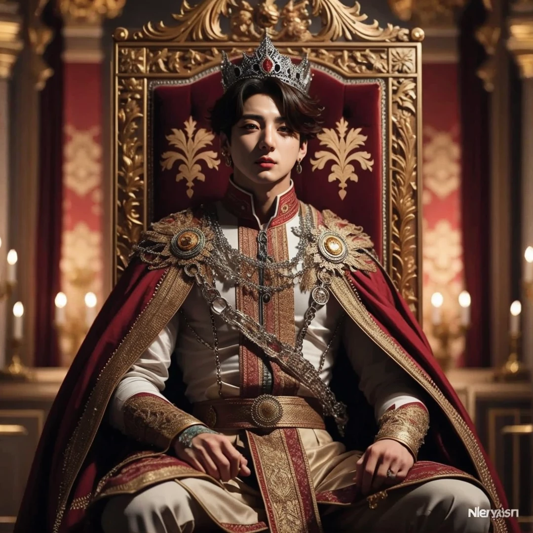 A handsome kpop king from the North Kingdom, with short black hair and black raven eyes, wearing his blue, black and white with silver linings royal clothes with his gold crown that has sapphire stones in the middle while sitting on his throne inside his castle.