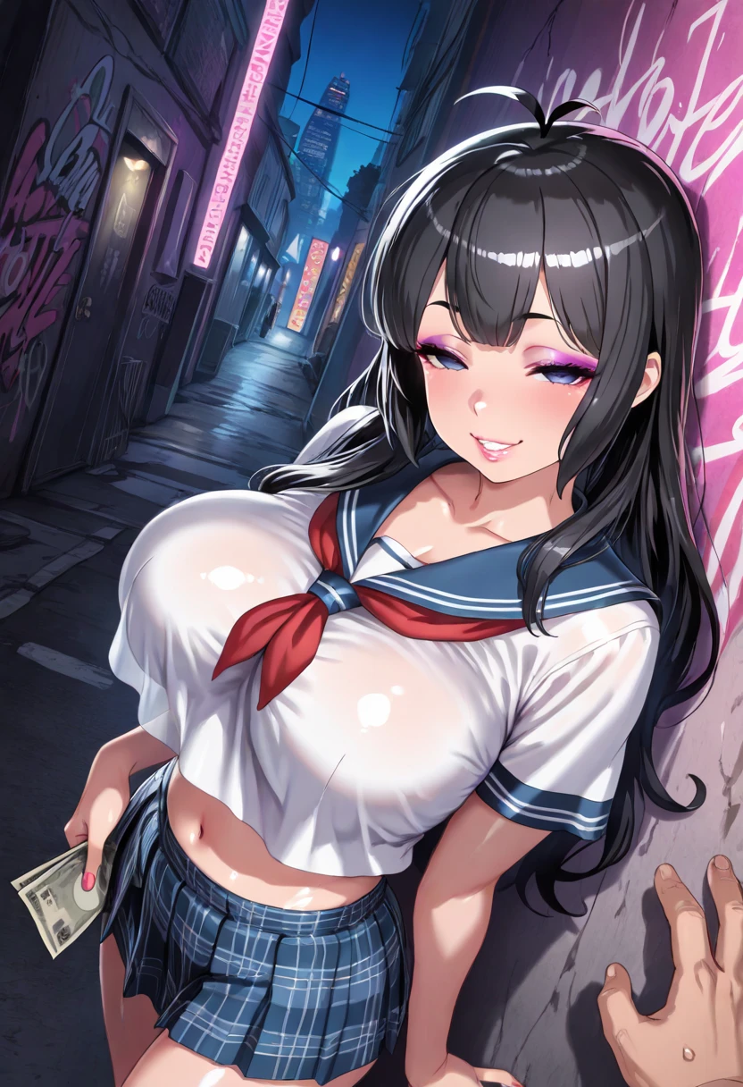 (best quality), 8k, masterpiece, sitting, soles, foot focus, gyaru, crop top, short skirt, slouch socks, white socks, sweat, cleavage, suggestive, 
BREAK,
1girl, black hair, perfect face, red eyes, ((((sanpaku eyes)))), blush, blushing, (messy pigtails), long pigtails, barrettes, (pale skin), black eyeliner, long lashes, smug, 
BREAK, 
, collarbone, ((???????????)), thick thighs, holding money,
BREAK, simple background, white background, 