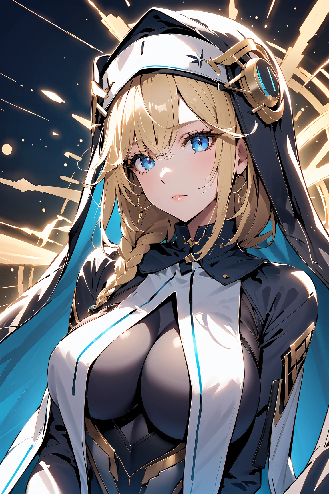 4K,High resolution,one woman,blonde,long hair,blue eyes,big breasts,younger sister,white tight cyber suit,white hood,blue clothes,gold decoration,cross decoration,city of the future,church