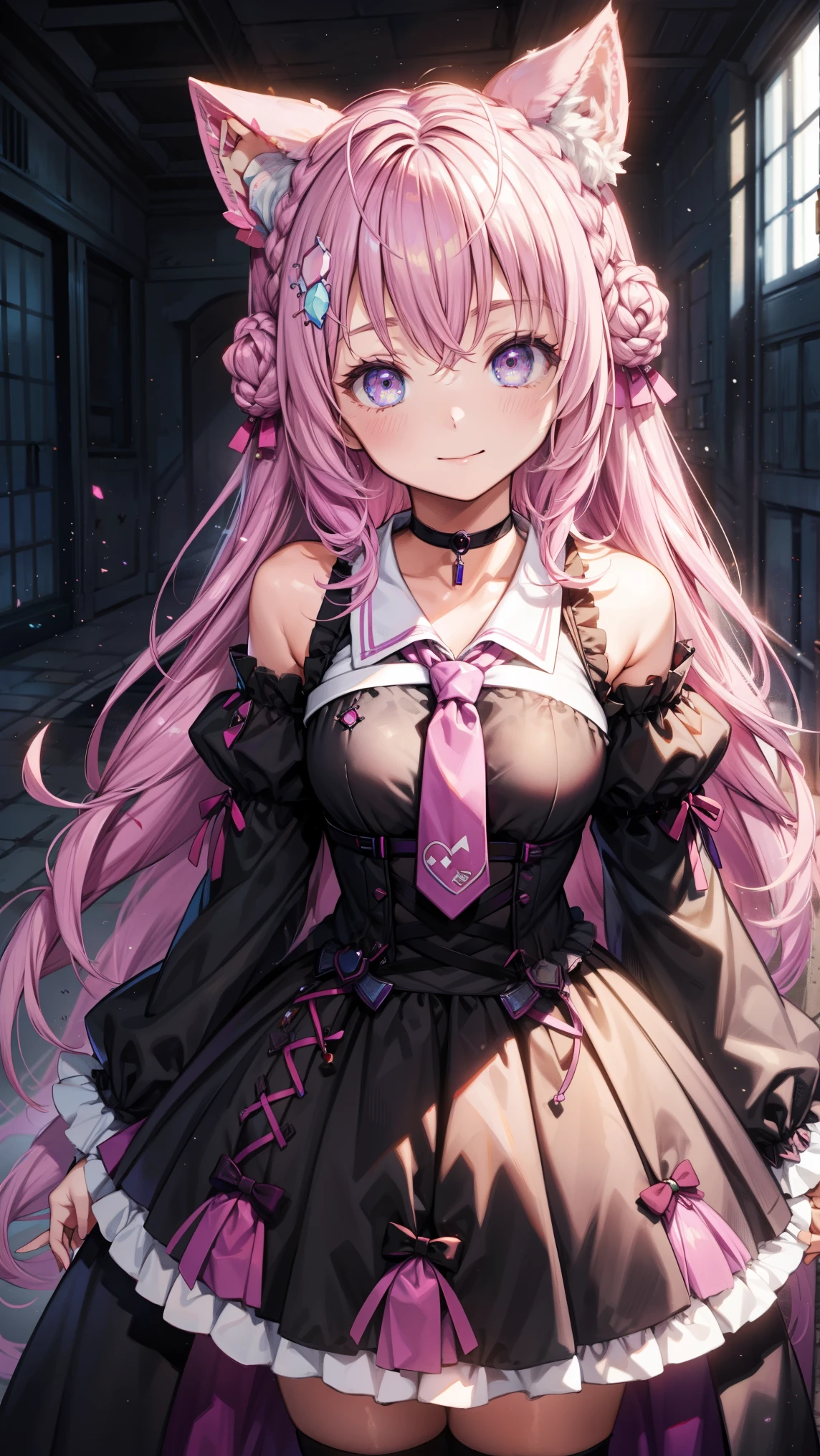 Cute magical girl , ( double bomb , Brant Bang, pink straight hair ), Smile, compensate,purple eyes , Large percentage , black gothic bear top dress , choker, Very long sleeves,Wide sleeves,The background is a dark hallway,, (Ultra-precise, Absolute determination, best quality:1.3), 2.5D, Delicate and Dynamic, Art photos, super realistic , graphic CG digital cartoon style art