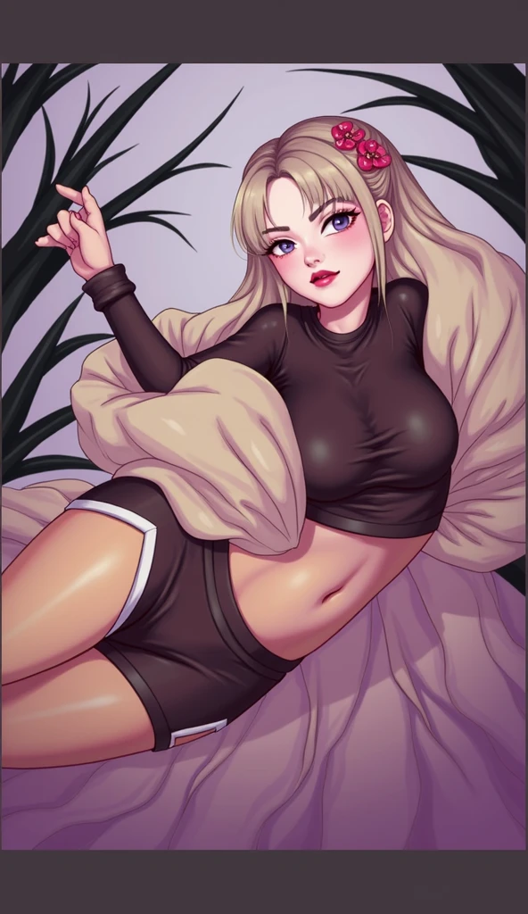 Face of a woman, americana, Age 25, pale skin and freckles, grey-eyed, delicate nose, soft and delicate lips, Long Wavy Gray Blonde Hair, Sweet smile, loose and full hair, como cheerleader cores cinza e preto, black leather skirt with brown belt, , gold necklace and bracelets, radiant day, lying on a soft bed, provocative look