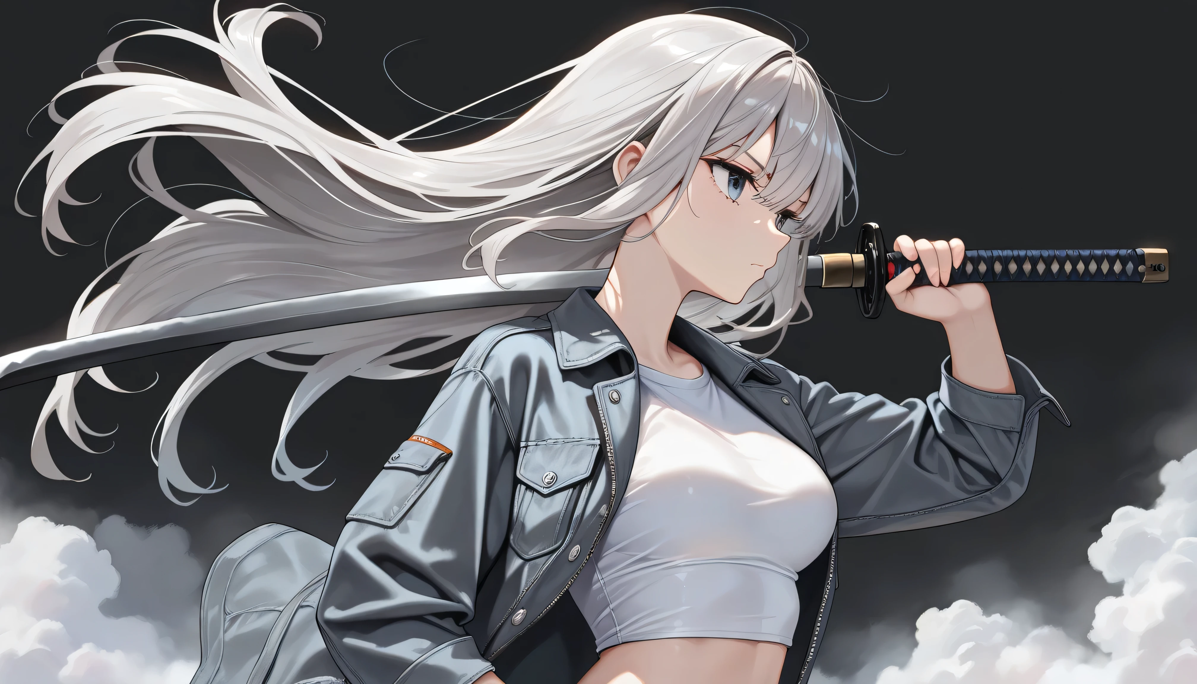 ((masterpiece, best quality, amazing quality, very aesthetic, newest, realism, hyper-detailed, beautiful, cinematic)) 1girl, 28 Years Old, A bit medium breasts, solo, Dark Gray Background, long Light Gray hair, Dark Gray Denim Jacket, White Loose Crop Top T-Shirt, Holding a Katana with a Dark Gray Blade, combat-ready stance with a katana, looking away, Long Hair, bangs, upper body, simple background, Fog, Gray eyes, closed mouth, Light Gray Hair, shot from head to hips with no cut on the head, Fantasy_eyes, Angry Face, Cat Ear hair, Neko Mimi, Cat Eyes